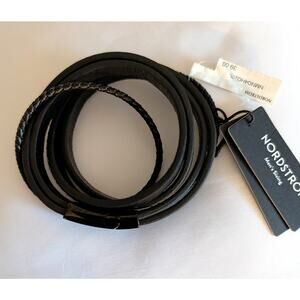 Men's Black Leather Double Wrap Stack Bracelet